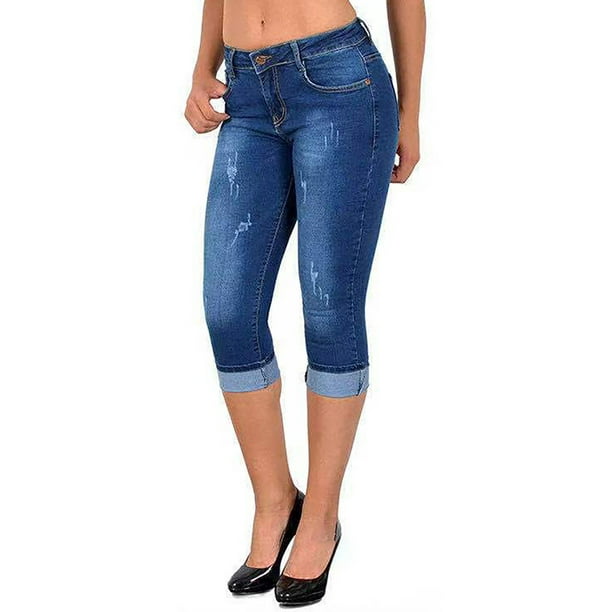 MAWCLOS Ladies Denim Pants High Waisted Capri Jeans Solid Color