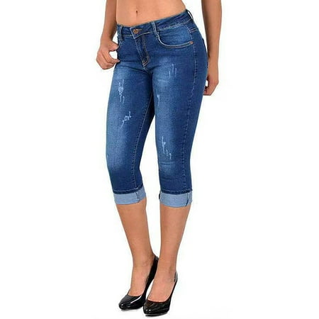 Fashnice Ladies Capris Solid Color Capri Jeans High Waisted Denim