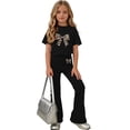 thumbnail image 4 of HBYJLZYG Girls 2 Piece Outfit Set with Bow Print Short Sleeve T-Shirt and Flare Pants, Lightweight Summer Casual Outfit for Kids Daily Wear and Vacation, 4 of 7