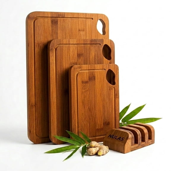 NULAS 4-Piece Wood Cutting Board Set, Bamboo Chopping Board for Kitchen with Holder, Juice Grooves & Easy-Grip Handles, Charcuterie Board for Chopping Meat, Vegetables & Fruits