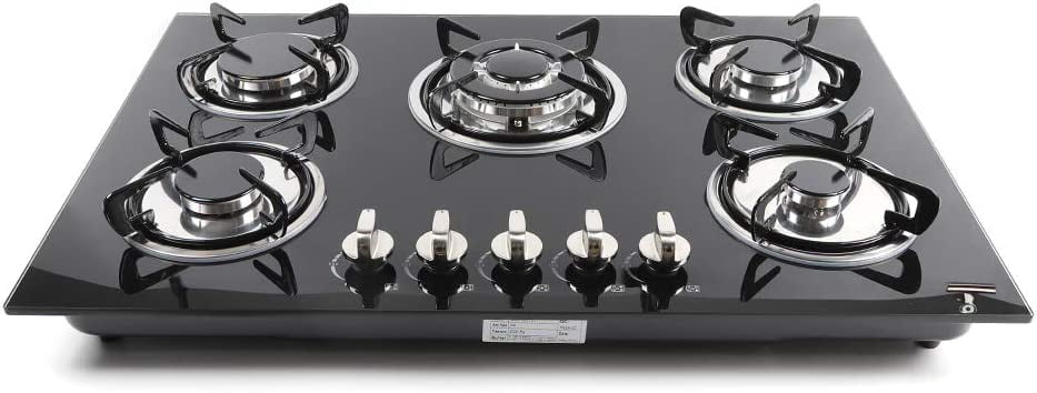 Miumaeov Gas Cooktop 30" Tempered Glass Gas Hob LPG/NG Cooktops Cooker Cooktop High Power Burners Kitchen Cooktop Black