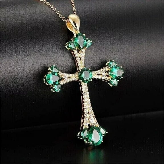 2.50 Ct Round Cut Lab-Created Green Emerald Cross Pendant 14K Yellow Gold Plated Hip Hop Jewelry | Ideal Birthday Gift
