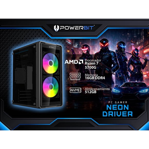 PC Gamer Powerbit Neon Driver: AMD Ryzen 7 5700G, RAM 16GB DDR4, SSD de 512GB, Video Radeon Graphics, S.O. Windows 11 Home.