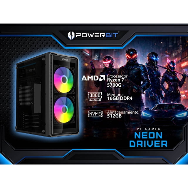 PC Gamer Powerbit Neon Driver: AMD Ryzen 7 5700G, RAM 16GB DDR4, SSD de 512GB, Video Radeon Graphics, S.O. Windows 11 Home.