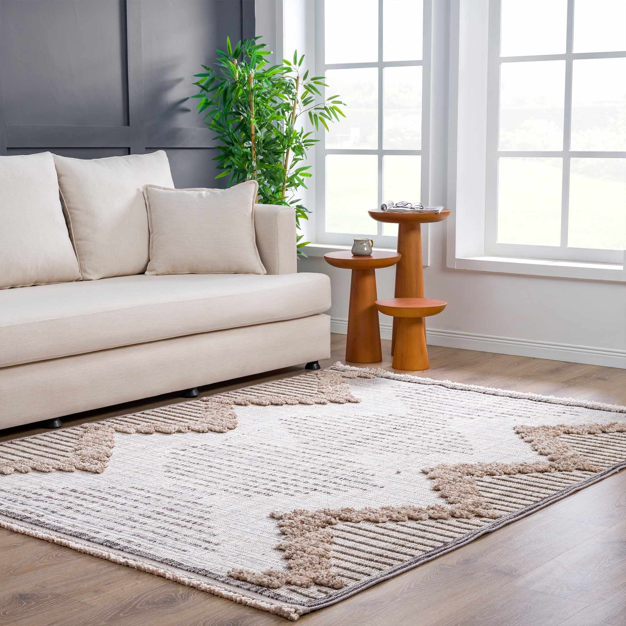Hauteloom Maulawin Farmhouse Living Room Bedroom Southwestern Tribal Area Rug - Soft Shaggy High Low Carpet - High Pile - Bohemian, Boho - Gray, Brown, Beige, Cream - 5'3" x 7'