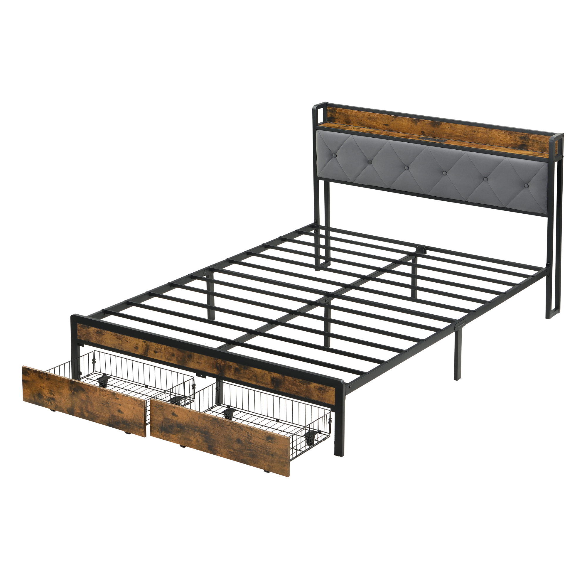 Leumius Queen Size Bed Frame with LED Lights, Metal Platform Bed with Upholstered Headboard & 2 Drawers, USB & Charging Station, Queen