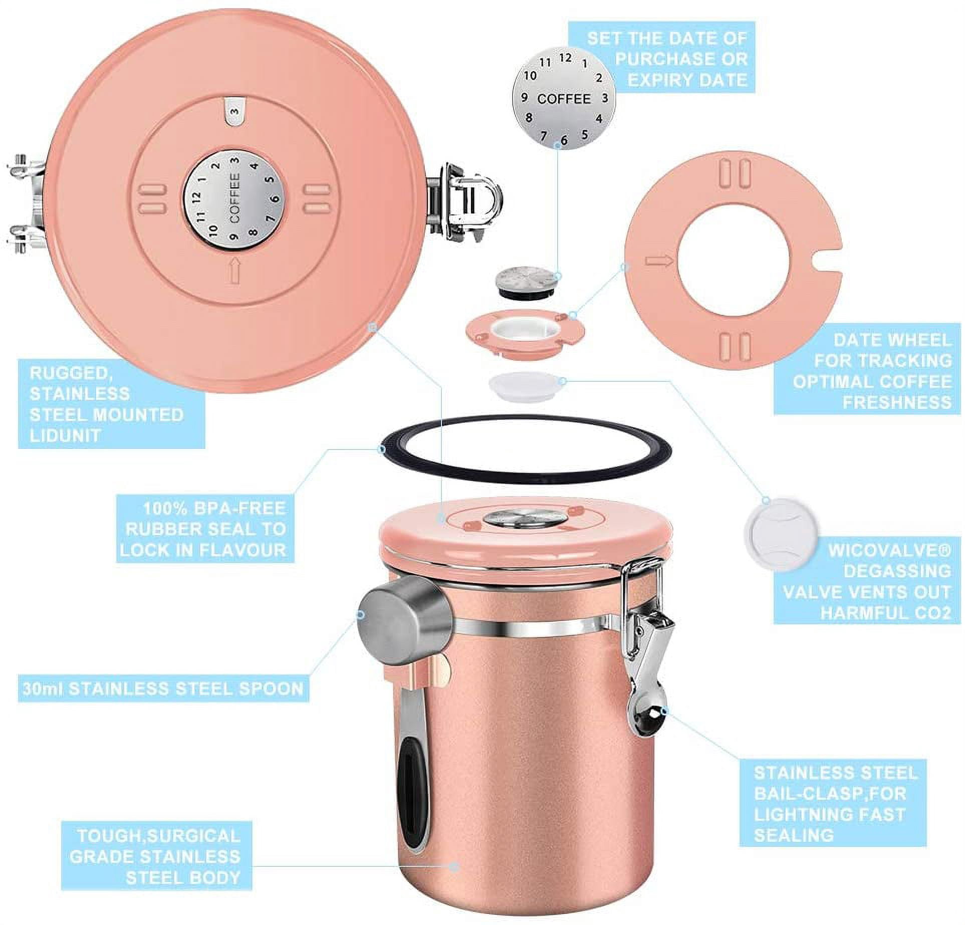 Coffee Canister, Large 22 oz, Stainless Steel Airtight Coffee Container with Scooper, Rose Gold