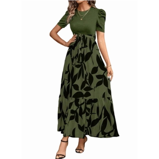 Vestido elegante estampado de cuello redondo
