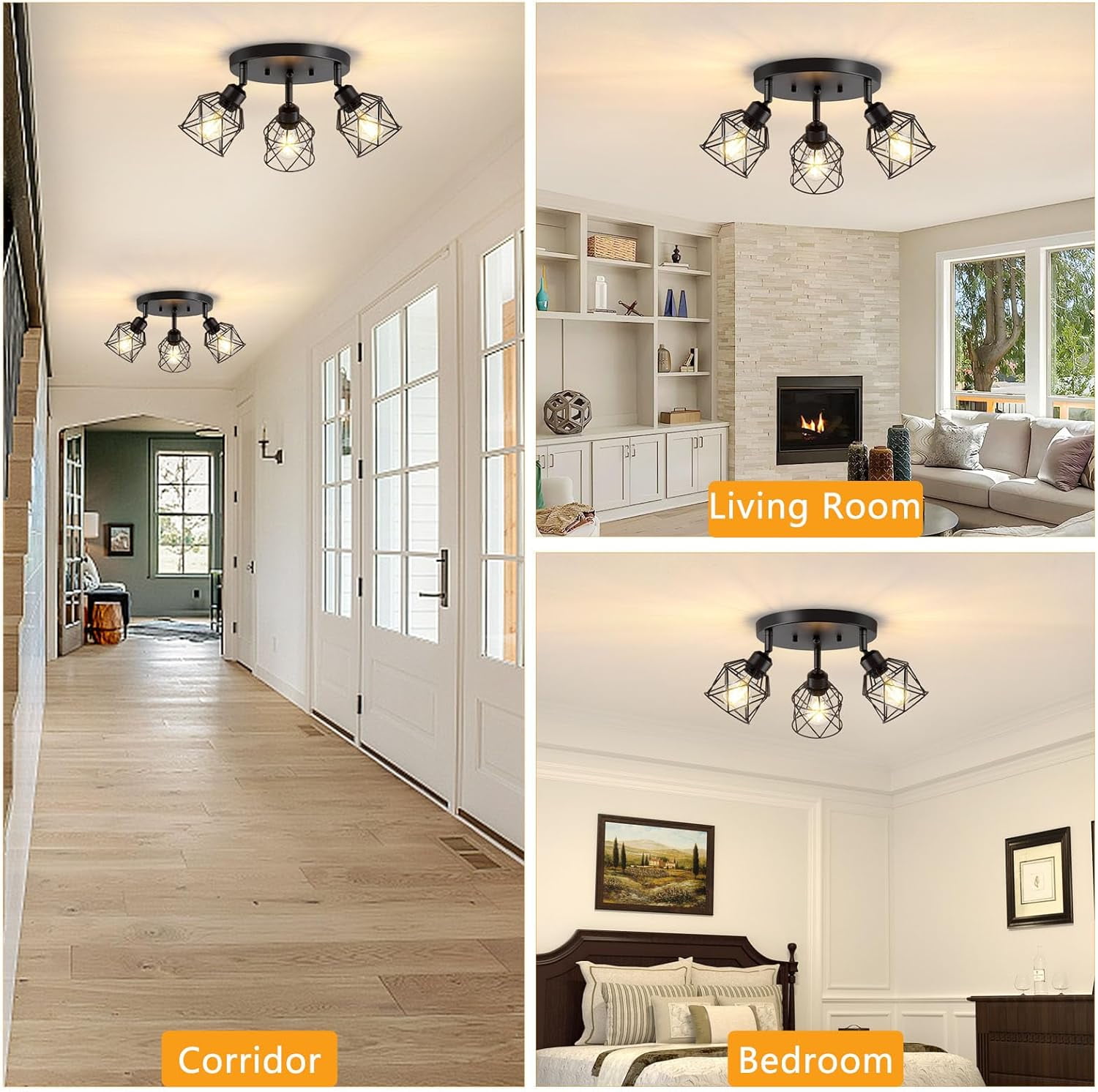 Kitchen Light Fixtures Ceiling Mount, Black Ceiling Light Fixtures 3-Light Adjustable Semi Flush Mount Ceiling Light, Multi-Directional Ceiling Lights for Kitchen Hallway Dining Room(E26 Base)