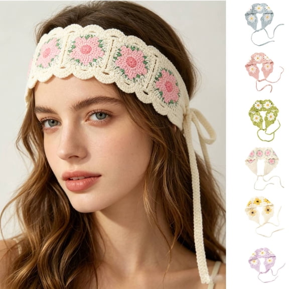 Womens Head Scarf Helii Retro Sweet Boho Flowers Crochet Headbands Cute Hair Tie Travel Beach Accessory for Festival Accessory Daily Wear (Beige)