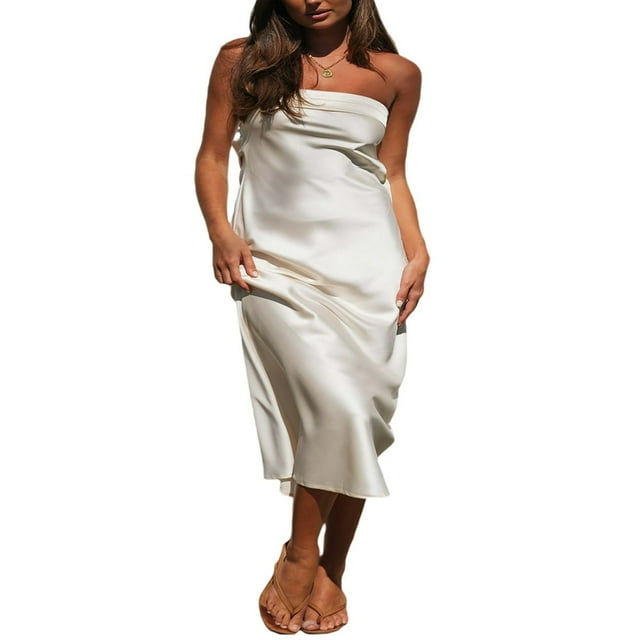 Women Off Shoulder Dress Solid Color Backless Elastic Strap Silk Surface One Piece Elegant One Piece Long Gown