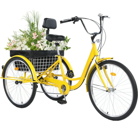 Jacgood Adult Tricycle 26" Wheels 7-Speed Trike 3 Wheels Trike with Basket and Adjustable Paddle Portable Bicycle for Adults Exercise Shopping Picnic Outdoor Activities,Yellow