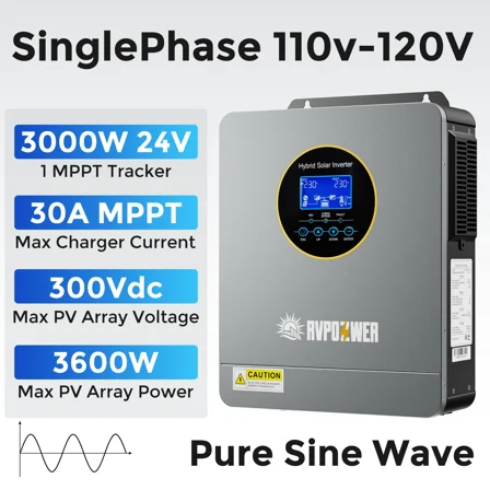 RVPOZWER 3000W Solar Hybrid Inverter 24V DC 120V AC MPPT Controller Charger Pure Sine