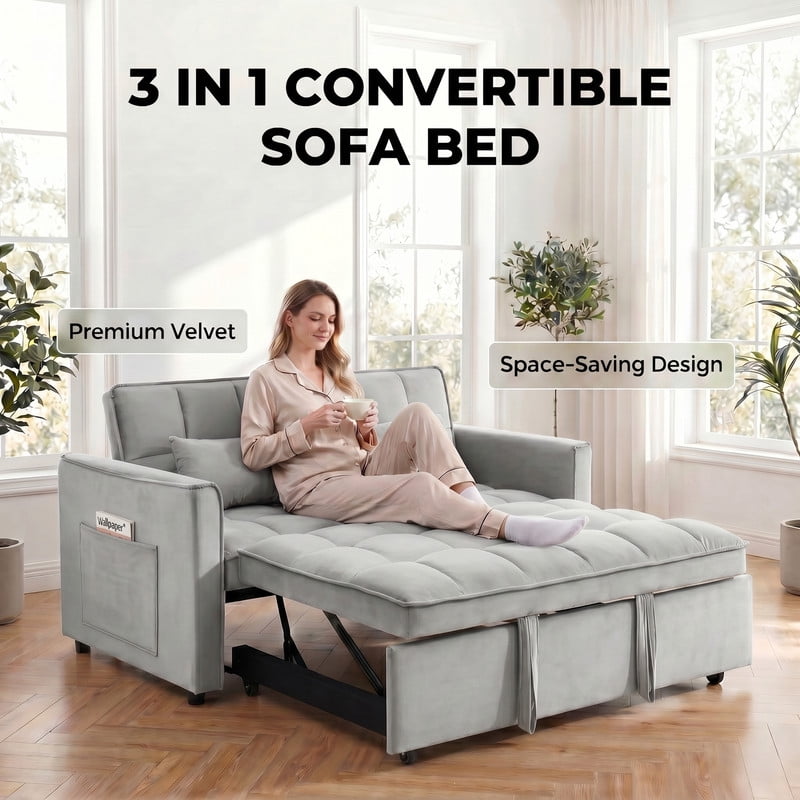 Gewnee 53" Sofa Bed, Convertible Sleeper Sofa & Pull Out Couch, 3-in-1 Velvet Loveseat with Adjustable Backrest and Storage Pocket, light gray