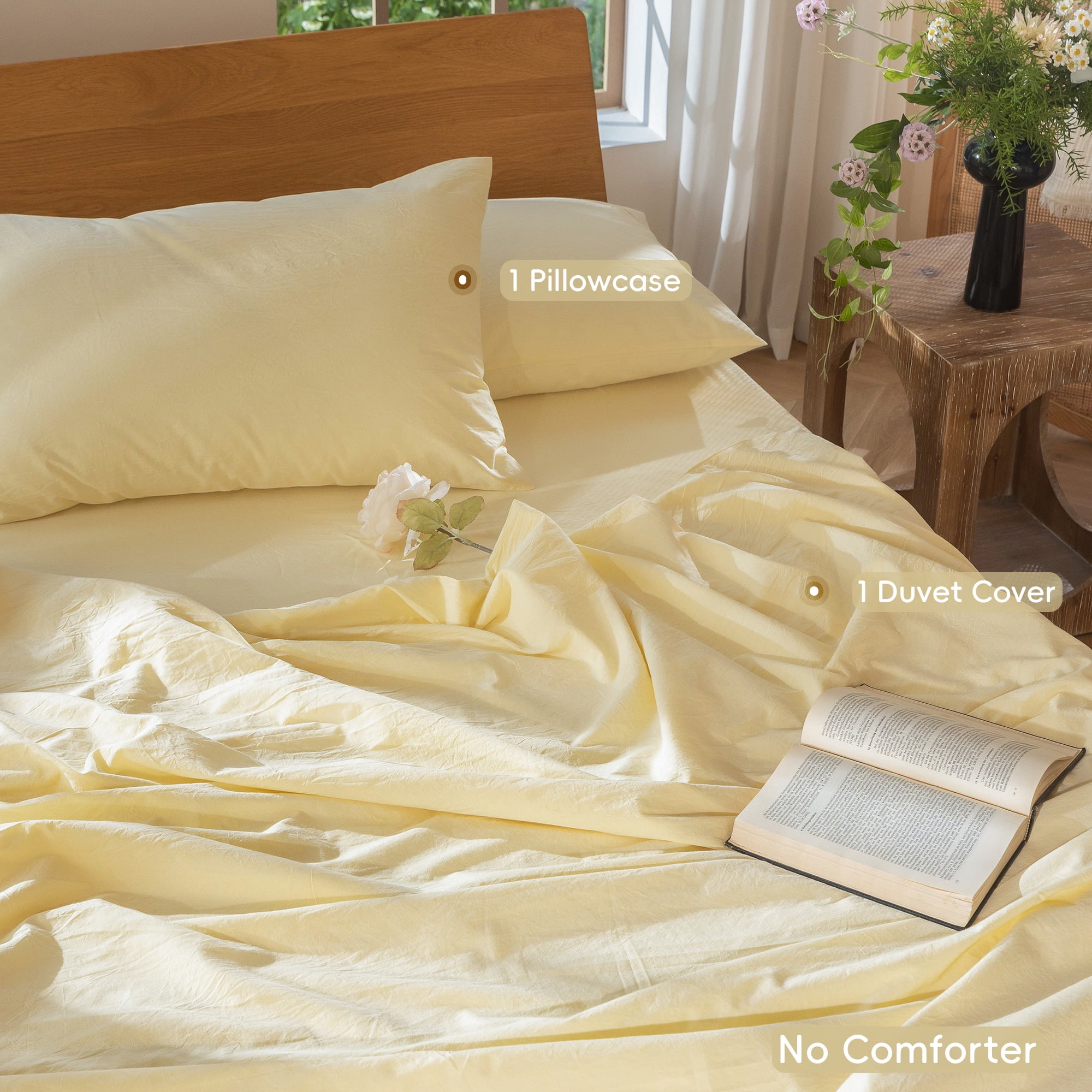 MooMee 100% Washed Cotton Duvet Cover Set Twin Linen Like Textured Breathable Lightweight 2-Piece (Butter Yellow, 68"x90")