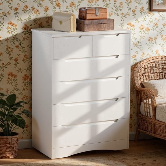 White Dresser, 6 Drawer Dresser Wooden Storage Cabinet for Bedroom Home Living Room