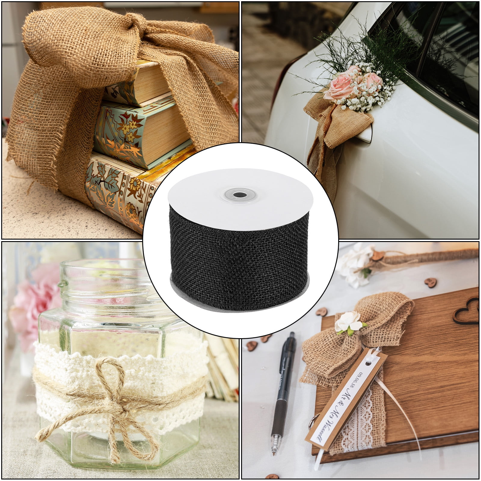 Uxcell 3 Inch Wide 10 Yards Burlap Ribbon, 2pcs Natural Jute Fabric Crafts Roll Gift Wrapping Black