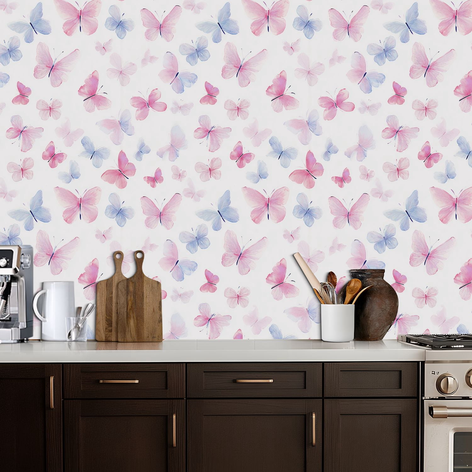 Peel and Stick Wallpaper Watercolor Butterflies Soft Pink Blue Tones White Wall Mural 17.7in x 9.8ft Self Adhesive Removable Wall Paper Renter Friendly Wallpaper for Nursery Bedroom Cabinets
