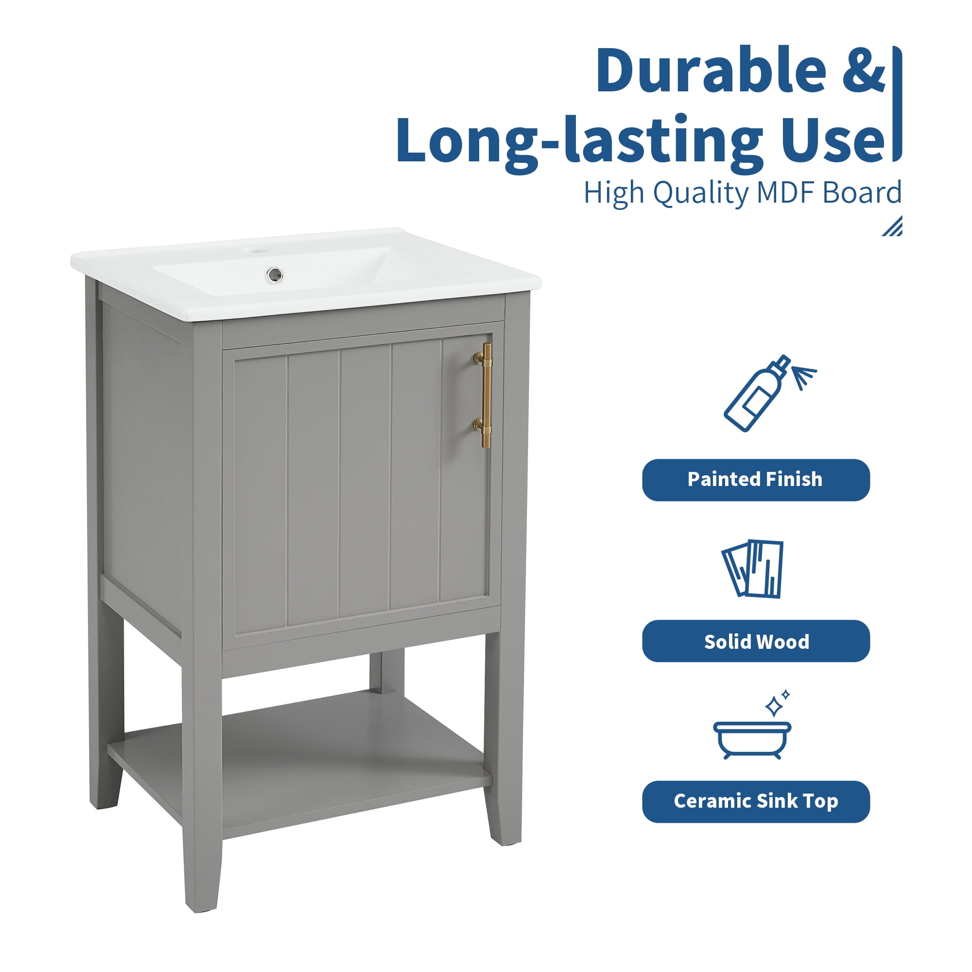 Euroco 20" Bathroom Vanity with Sink, Bathroom Cabinet with Soft Closing Door, Storage Rack and Open Shelf, Grey
