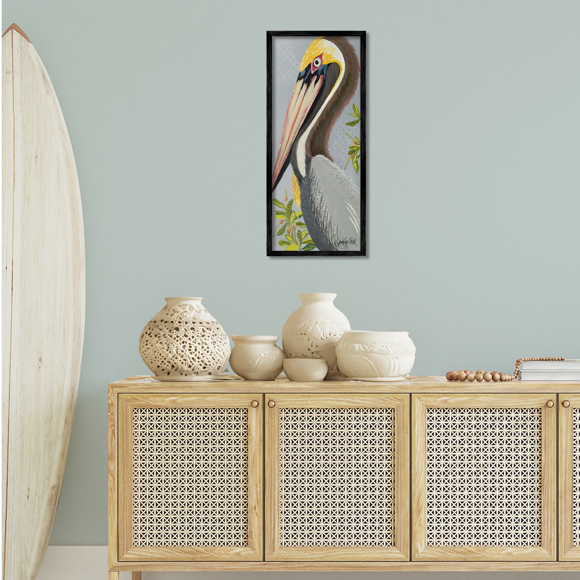 Stupell Industries Pelican on Grey Animals & Insects Painting Black Framed Art Print Wall Art, 13 x 30