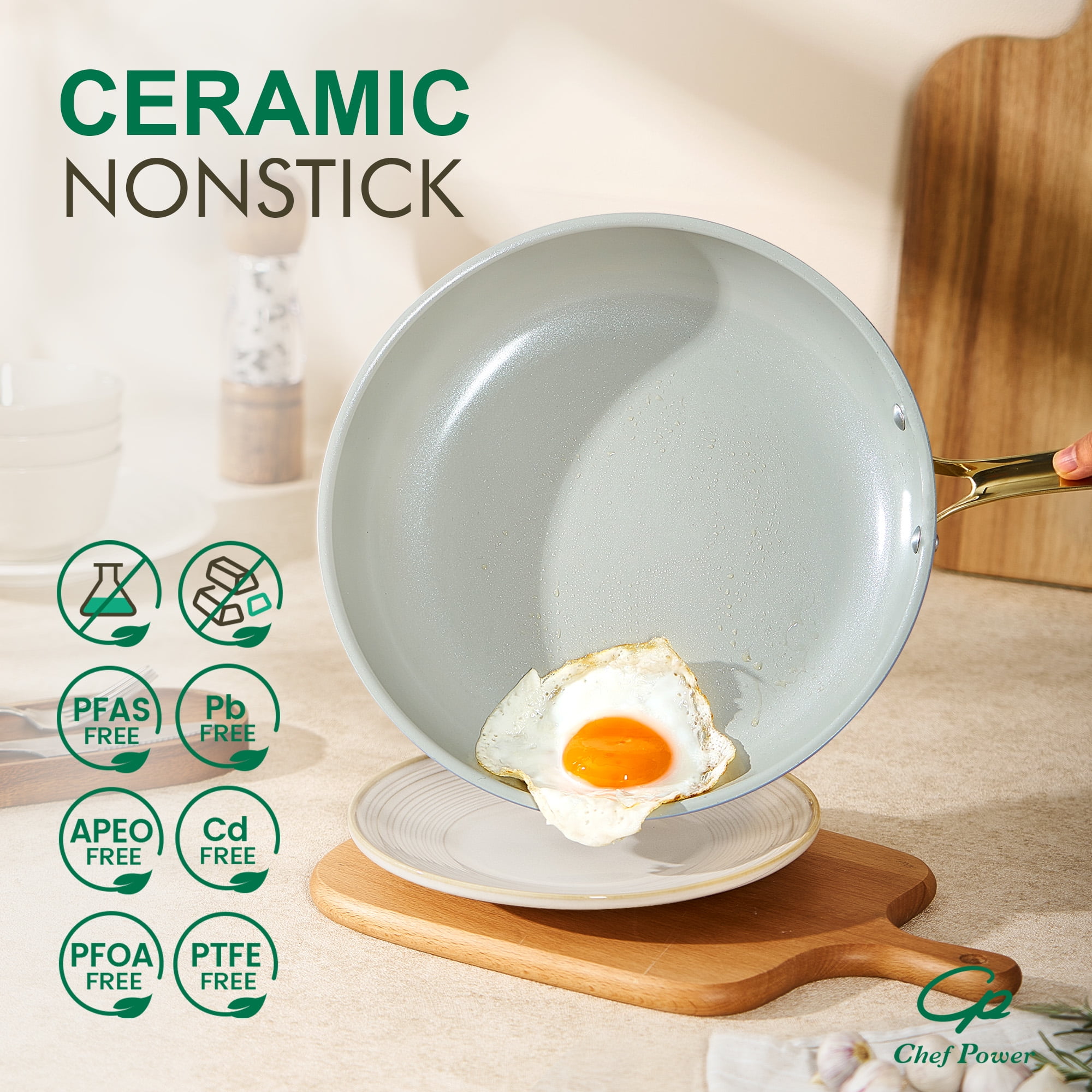 Chef Power 7 Pcs Ceramic Cookware Sets, Non-Stick Pots and Pans Set with Stainless Steel Handles, Dishwasher and Oven Safe, Sage Green with Light Gold Handles
