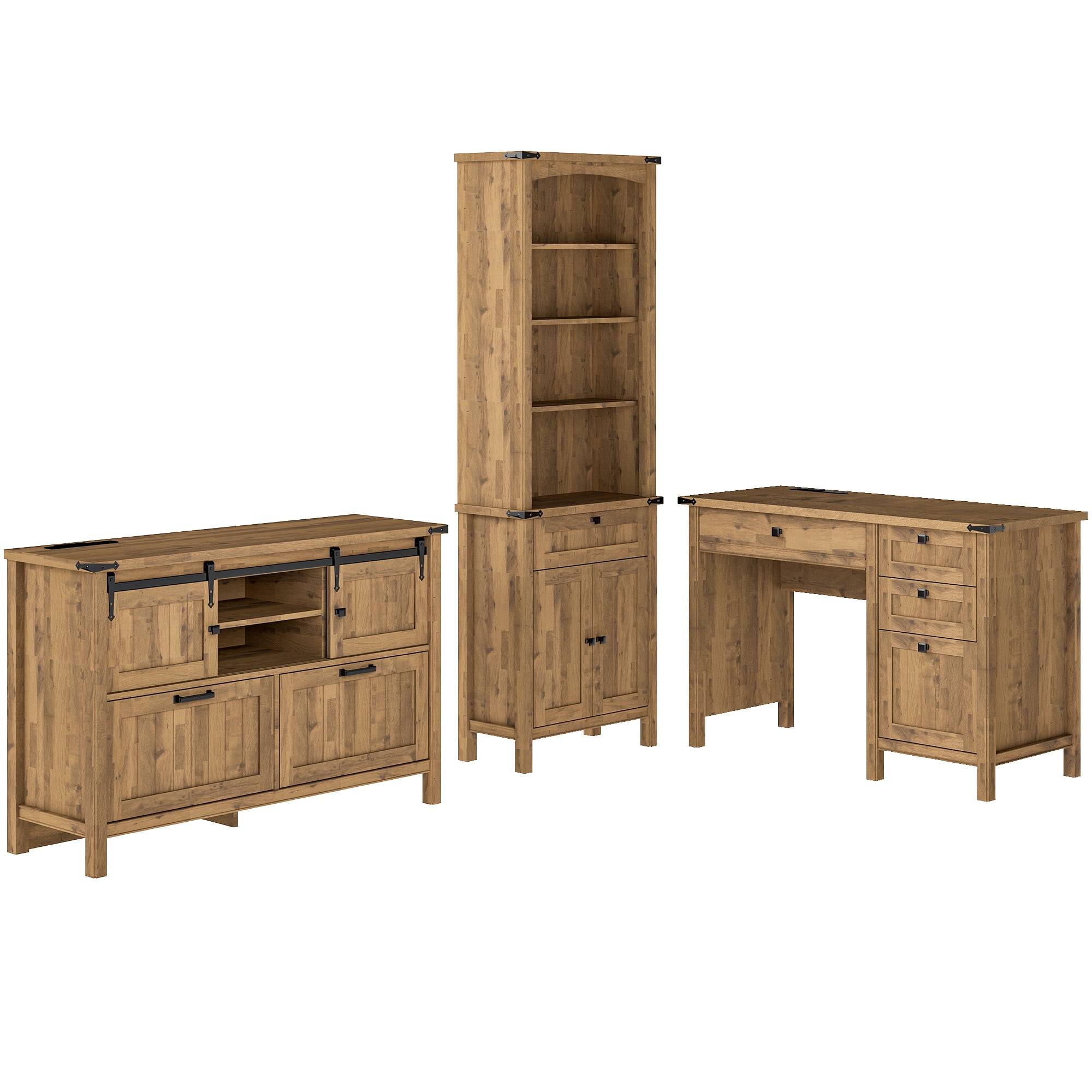 FIAKOA 4 PC Home Office Desk Set, Executive Office Desk Set with File Cabinet & Bookshelf Set , Nature