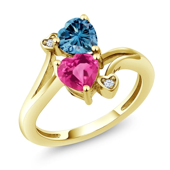 Gem Stone King 10K Yellow Gold Fashion Right-Hand Ring Heart Shape Persian Blue Moissanite and Created Sapphire Pink (1.63 Cttw, Size 7)