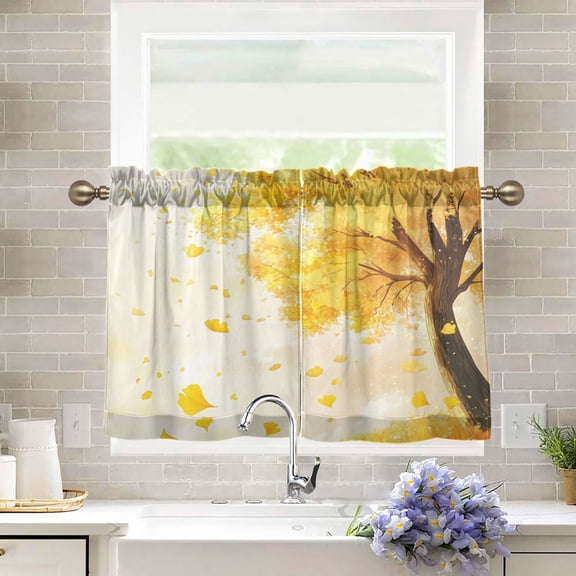 BZSMCE Set of 2 Pieces Kitchen Window Curtain Fashion Golden Autumn Whisper Printed 27x24in/27x36in