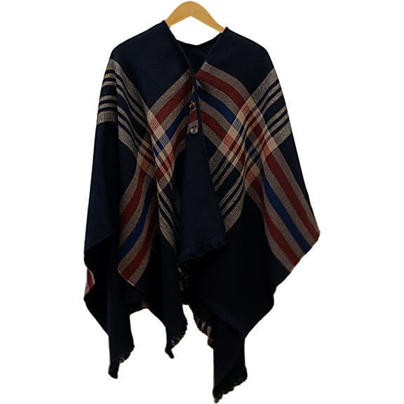 Navy, Camel & Red Plaid - 51" x 56" Ruana One Size Fits Most