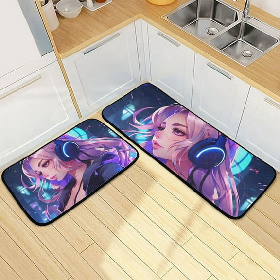 Anime Cool Girl Kitchen Mat Set of 2 Cushioned Non Slip Rugs for Bedroom Floor Runner Mats