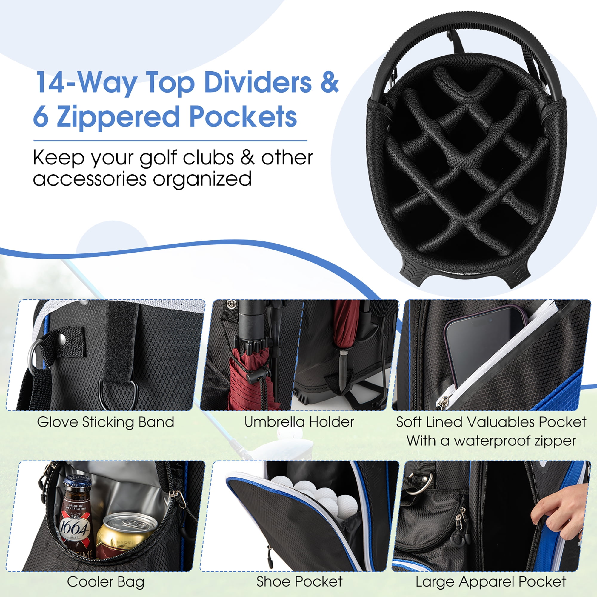 Gymax Golf Stand Bag Golf Club Bag w/ 14 Way Top Dividers & 6 Pockets & Carrying Handles Blue
