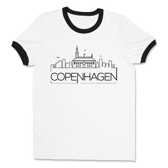 Skyline Copenhagen Denmark Ringer Tee Shirt Unisex Large White/Black