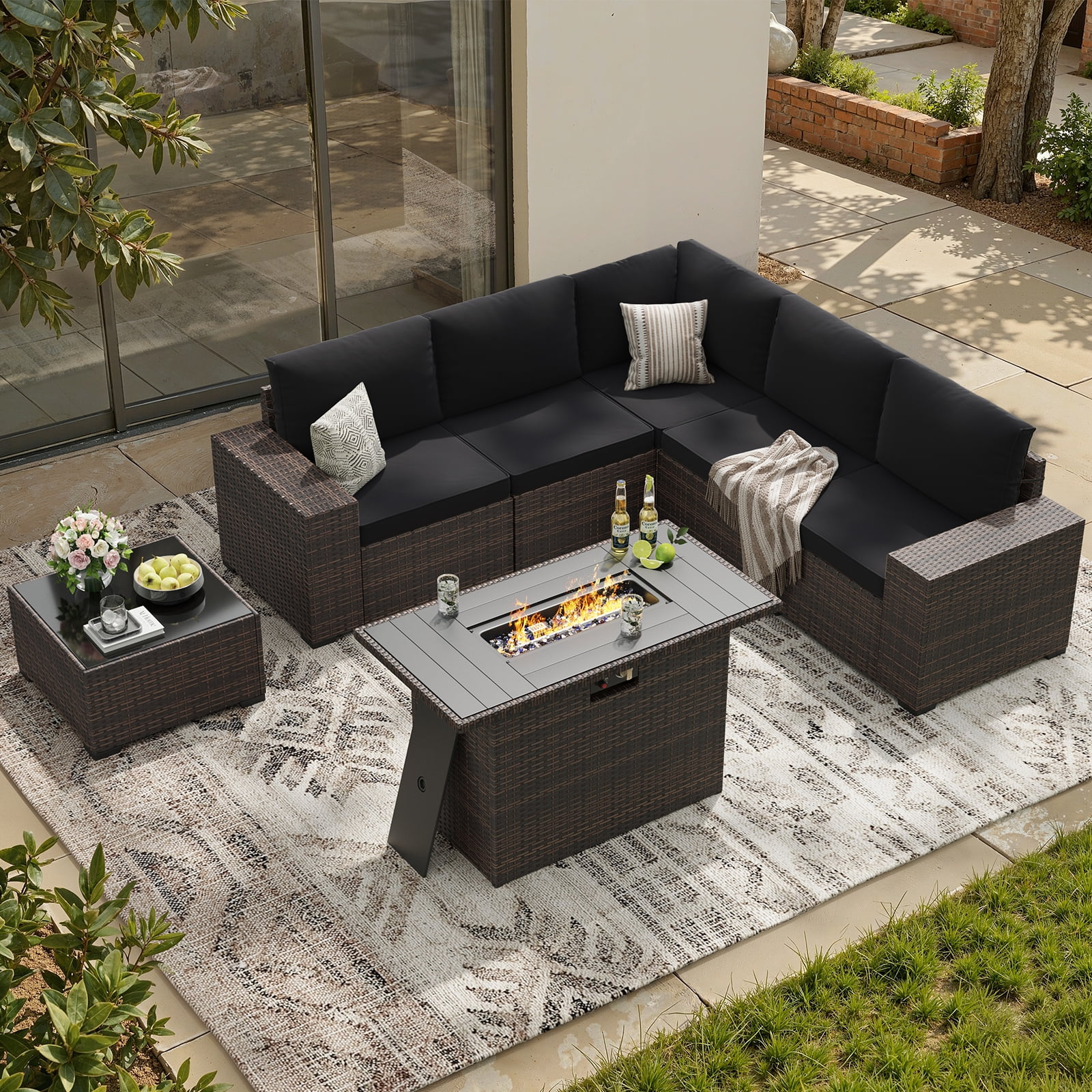 STARY 7 Pieces Outdoor Conversation Set With Fire Pit Table, Wide Armrests Outdoor Modular Wicker Furniture Set, Black