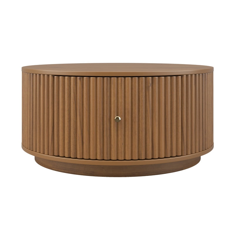 30.3'' Round Fluted Design Coffee Table with Dual Hidden Storage Drawers, Drum Base Center Cocktail Table