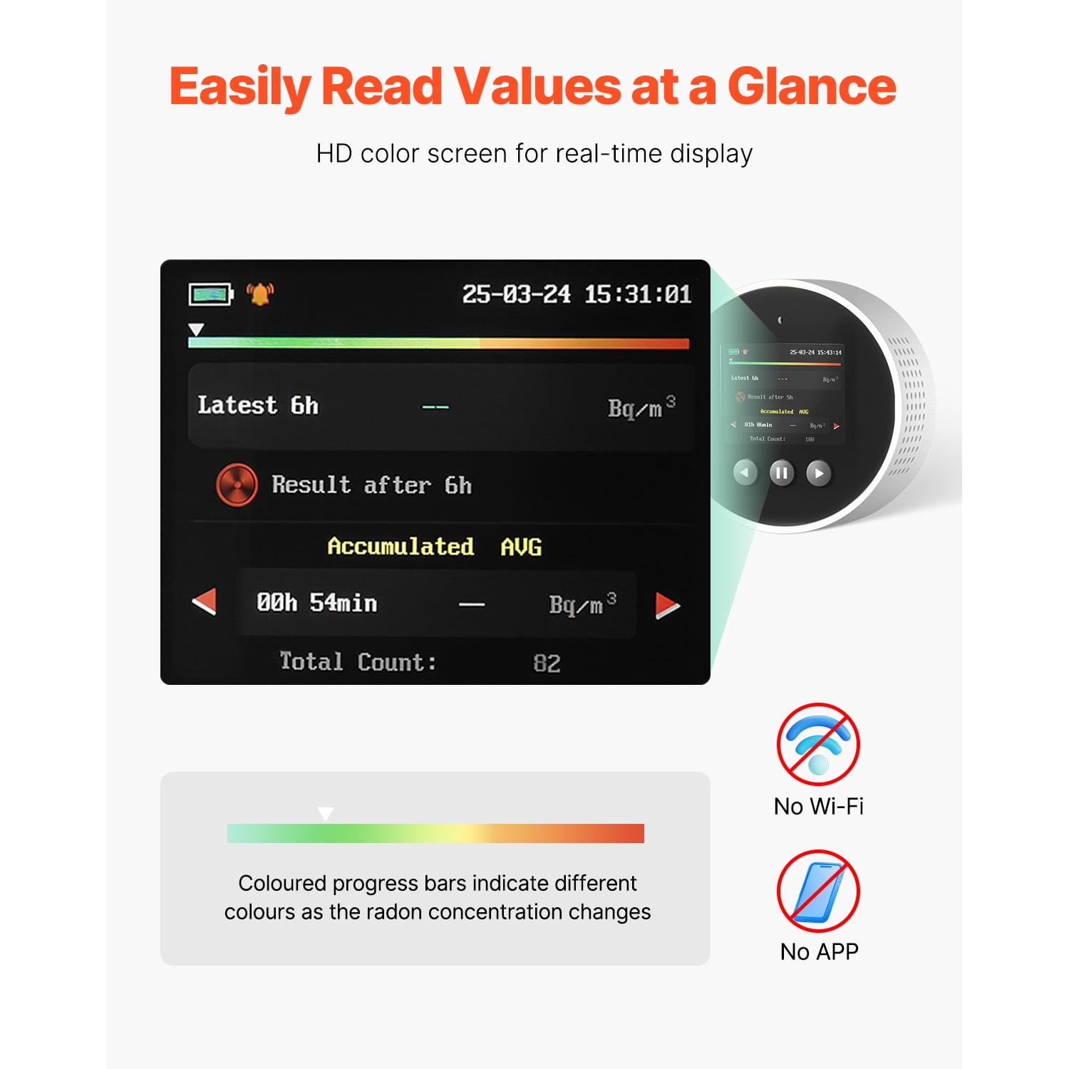 KFFKFF Home Radon Detector, 3.3Bq to 37kBq/m³,  Battery Powered Radon & Air Quality Monitor, Color Screen, Extended Radon Level Tracking, Rechargeable or Wired Option