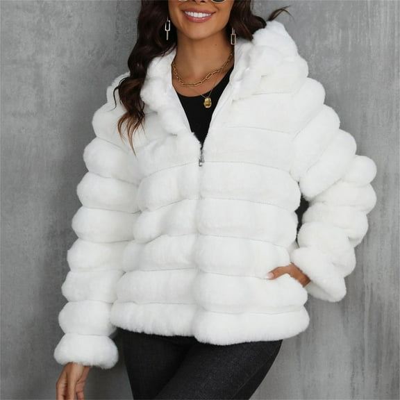 Qetyuw Faux Fur Hooded Coat for Women Winter Warm Long Sleeve Open Front Jacket Full Zip Up Chunky Casual Coats