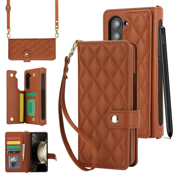 for Samsung Galaxy Z Fold 7 Wallet Case with S Pen Holder & Crossbody Lanyard & Wrist Strap, Shockproof Flip Kickstand Stylish PU Leather Protective Cover for Samsung Galaxy Z Fold 7, Brown
