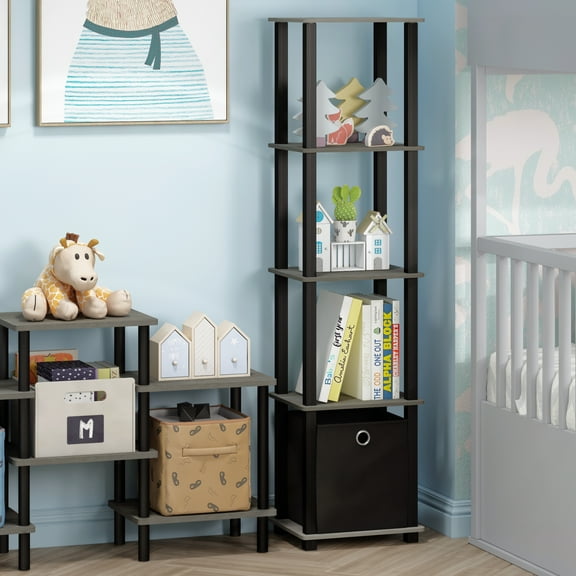 Furinno TNT No Tools 5-Tier Display Decorative Shelf with One Bin, French Oak Grey/Black/Black
