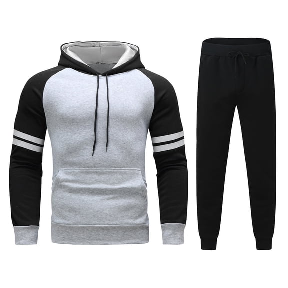 Mens 2 Piece Tracksuit Set Autumn Winter Color Block Hooded Pullover Sweatshirt and Jogging Bottoms Sports Suit with Pockets Patchwork Sweatsuit for Men UK Size 10-18