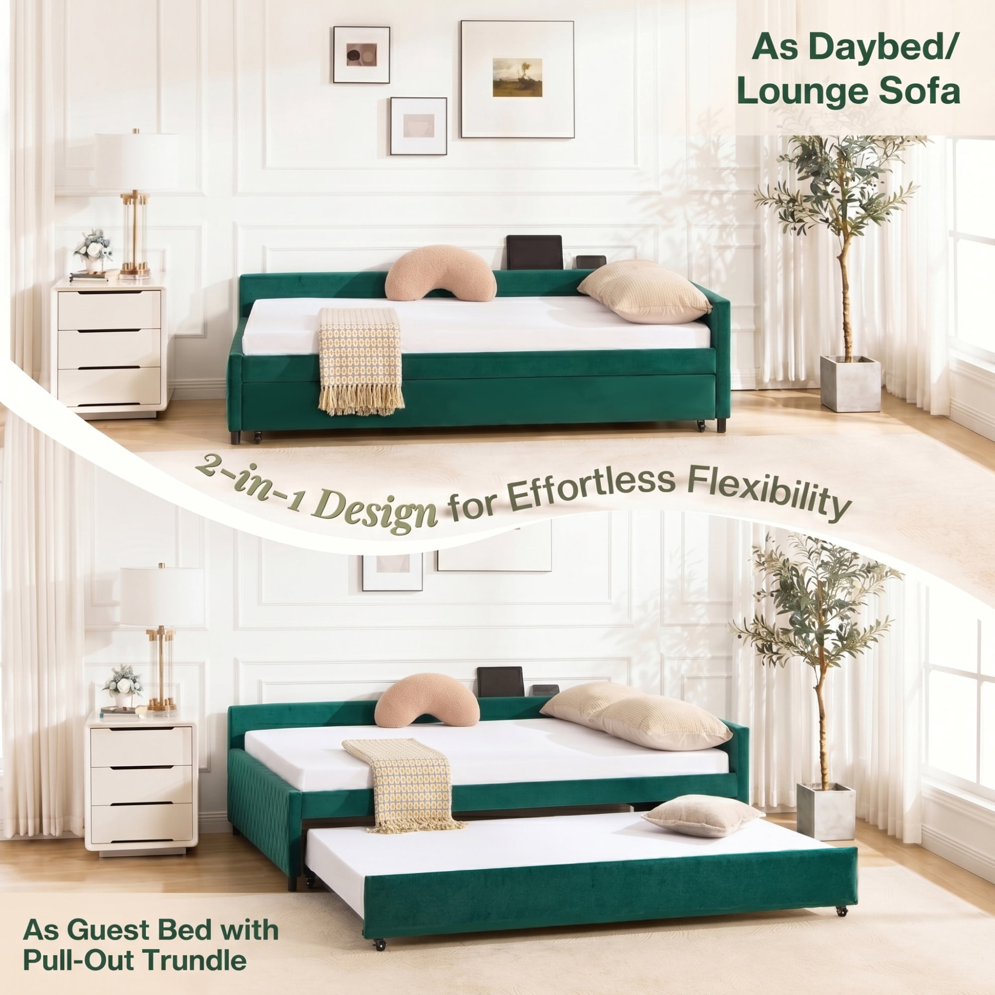 Leumius Upholstered Daybed with Trundle,Sturdy Wooden Bed Frame, Modern Diamond Grid Design for Bedroom Guest Room (Emerald)