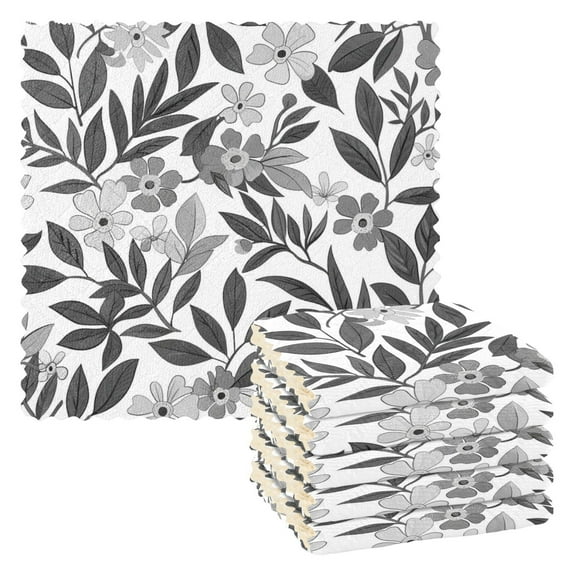 Ryvnso Grey and White Flowers Leaves Kitchen Towels Dish Clothes for Drying Dishes Cleaning Absorbent Set of 6