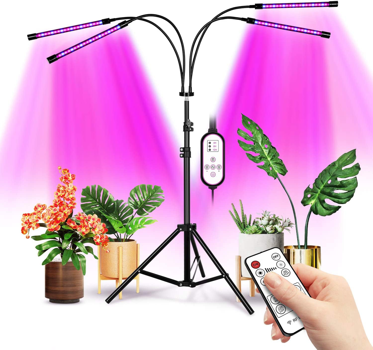 Upgraded 4-Head Grow Light with Tripod Stand Red+Blue Sunlike Full Spectrum 