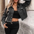 thumbnail image 5 of Hvot&aat Women's Studded Denim Jacket Long Sleeve Button-Up Turndown Collar Denim Outwear Distressed Frayed Cropped Jean Coat, 5 of 6