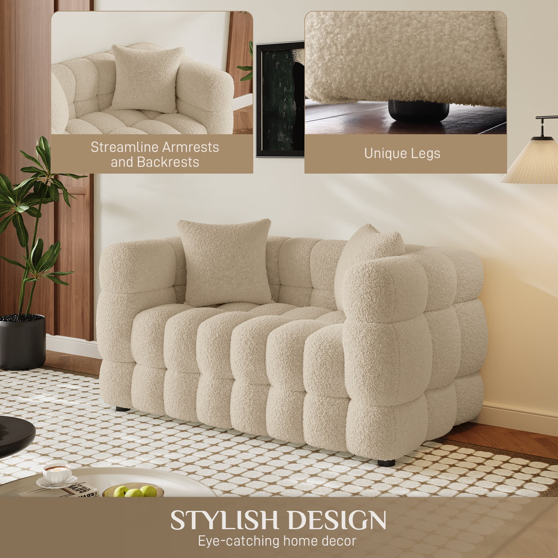Wiilayok 59.1" Modern Tufted Upholstered 2 Seater Loveseat Sofa with 2 Pillows，Comfy Sherpa Deep Seat Cloud Couch, Small Love Seat for Living Room Apartment, Light Brown