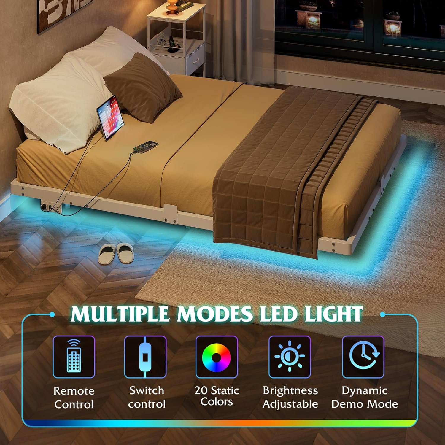WLIVE Floating Bed Frame Full Size with LED Lights and Charging Station, Metal Platform Bed Frames Full, No Box Spring Needed, Sturdy Support, Easy Assembly, No Noise, White