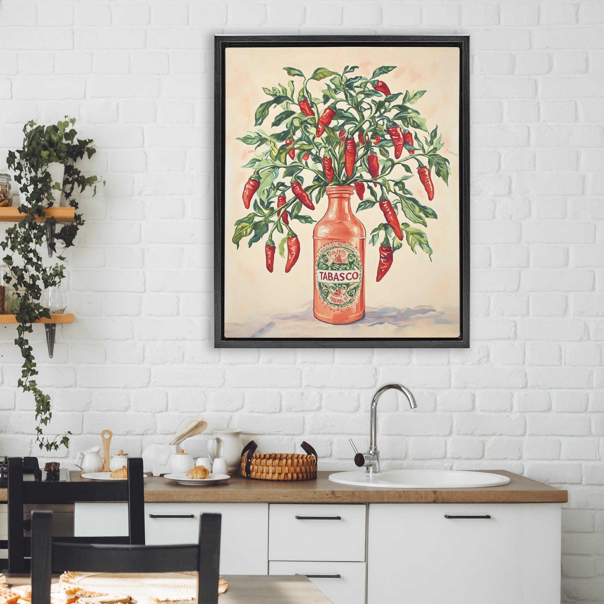 Stupell Industries Chili Peppers in Hot Sauce Vase Black Framed Floater Canvas Wall Art, design by The Prints Vibe