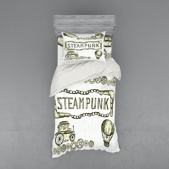 Ambesonne Vintage Bedding Set 3 Pcs, Sketch Old Car Balloon, Twin, Ivory Dark Olive Green