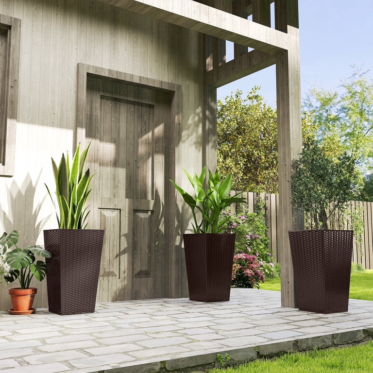 Outsunny 24" Tall Rattan-Style Planters, Set of 3, Brown photo 1