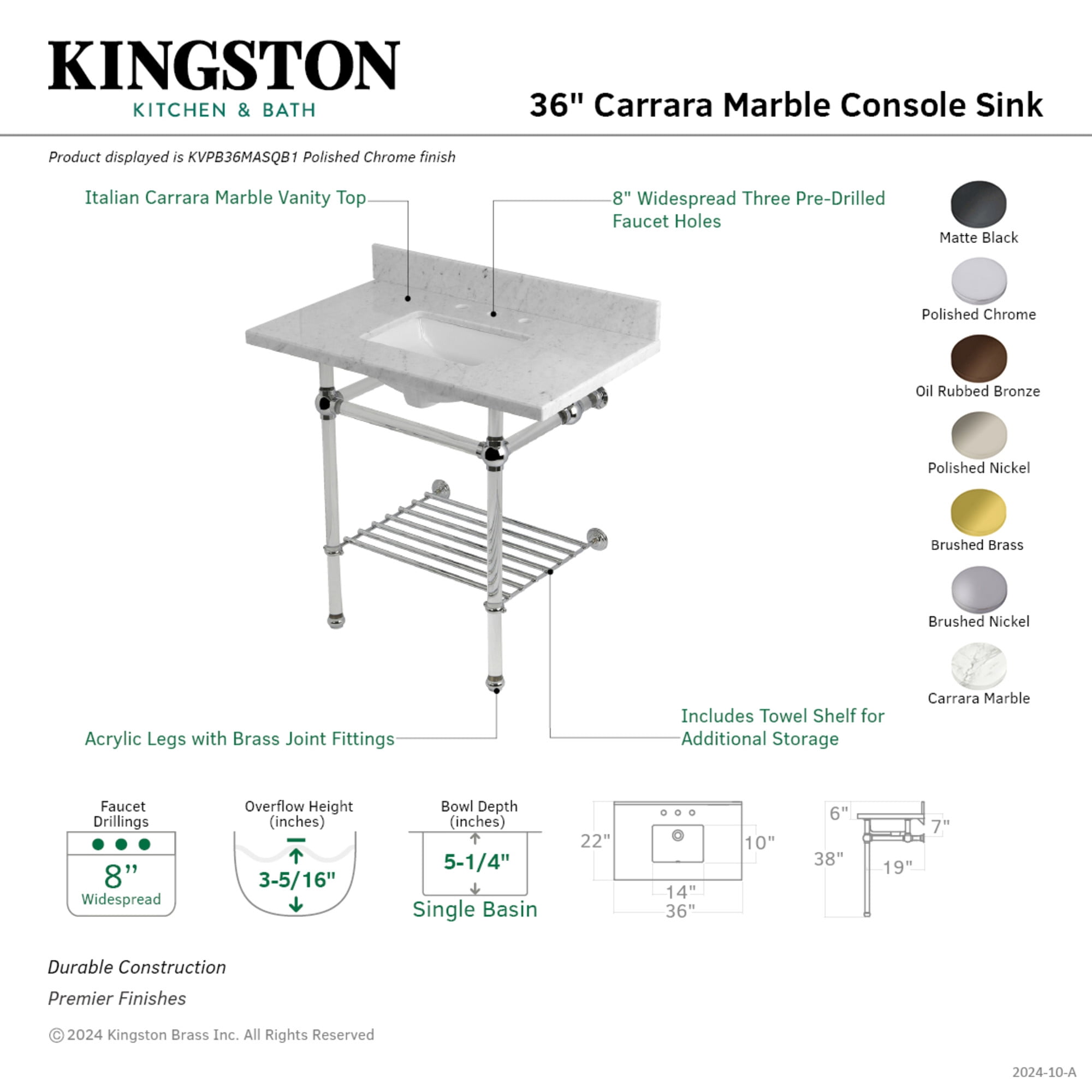 Kingston Brass KVPB36MASQB6 Templeton 36" Carrara Marble Console Sink with Acrylic Legs and Shelf (8-Inch, 3-Hole), Carrara Marble White/Polished Nickel