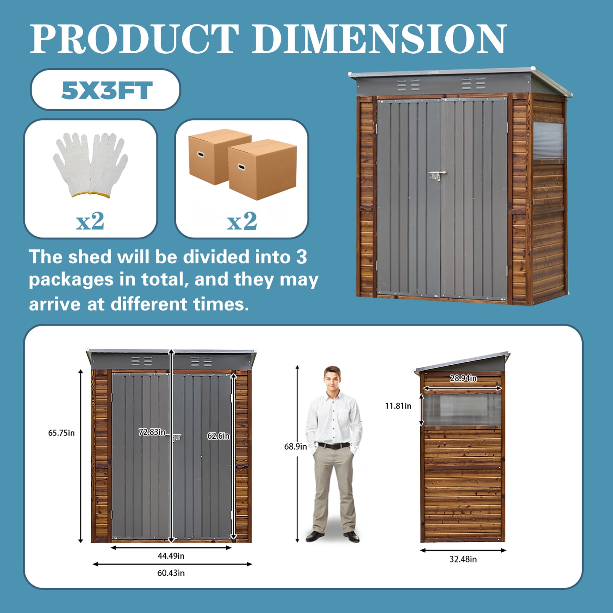 5 ft. W x 3 ft. D Outdoor Iron & Solid Wood Lean-To Tool Storage Shed with Two Doors and Windows